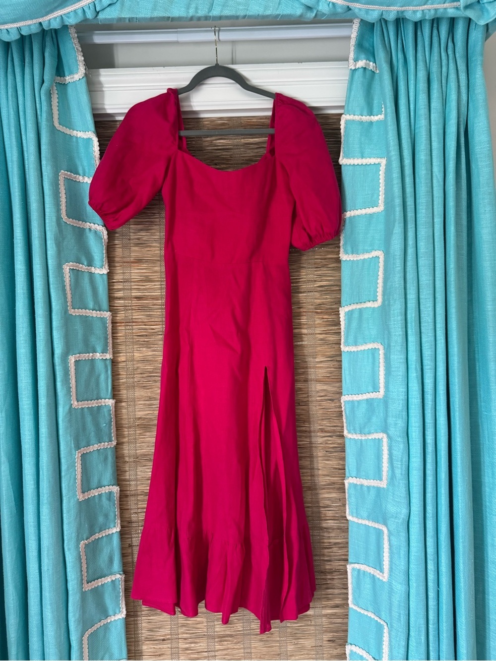 Reformation Hot Pink Puff-Sleeve Midi Dress